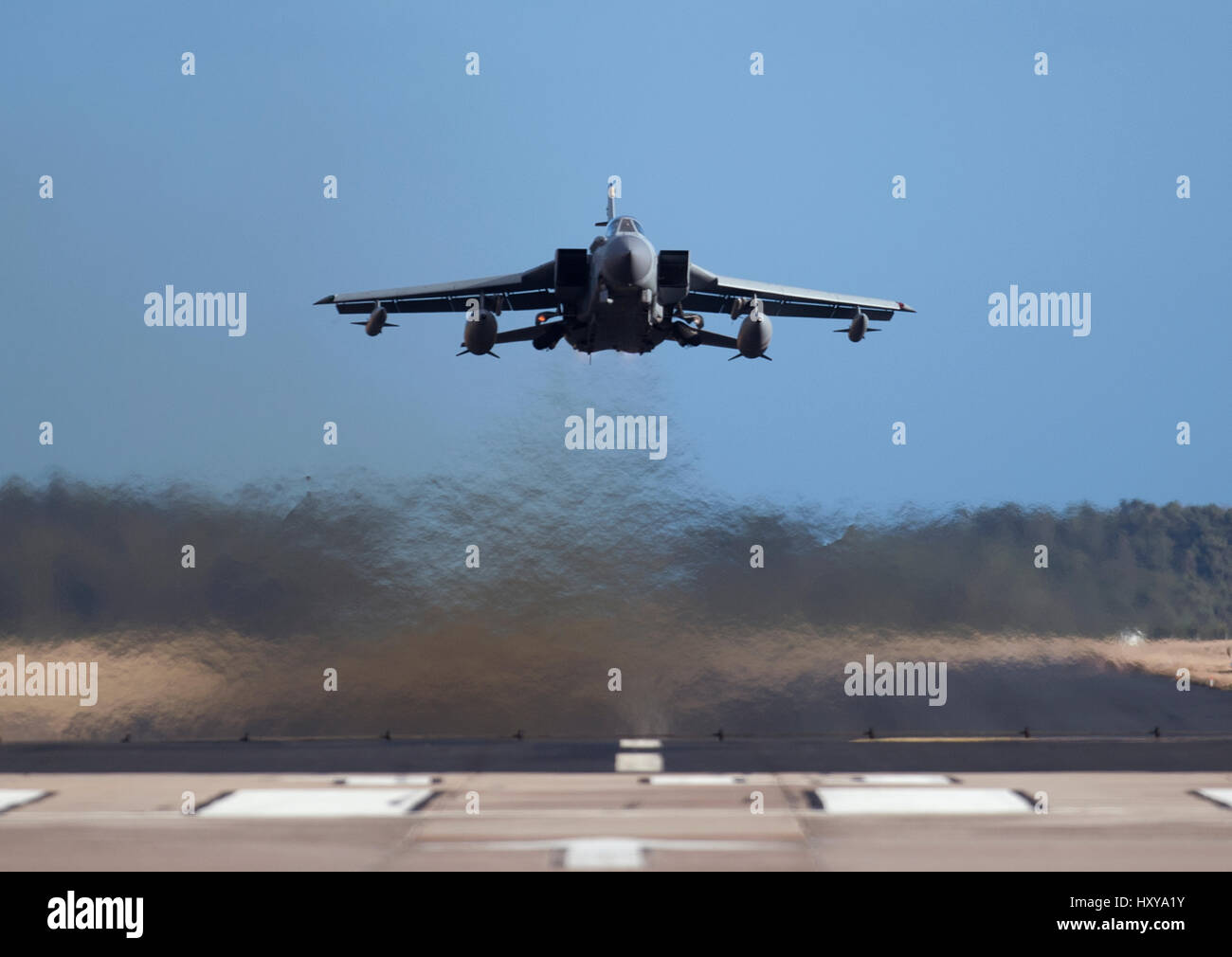 Panama Gr4 Tornado Twin jet engined Aircraft at low level takeoff from home base, RAF Lossiemouth Air Station, Morayshire Scotland. Stock Photo