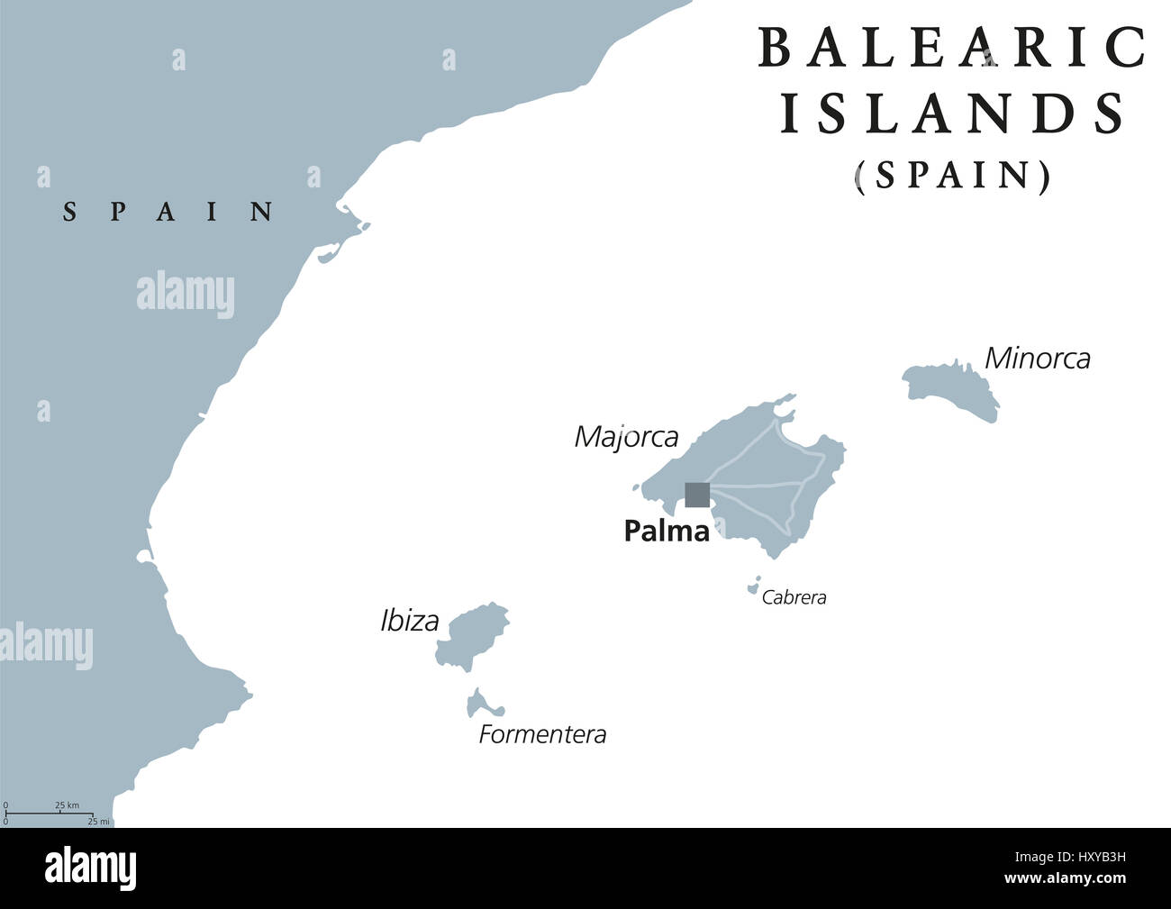 Balearic Islands political map with capital Palma. Majorca, Minorca, Ibiza, Formentera. Spain autonomous community in Mediterranean Sea. Stock Photo