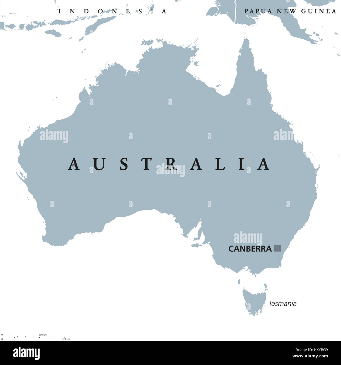 Australia political map with capital Canberra. Commonwealth and country, the mainland of the Australian continent and Tasmania. Gray illustration. Stock Photo