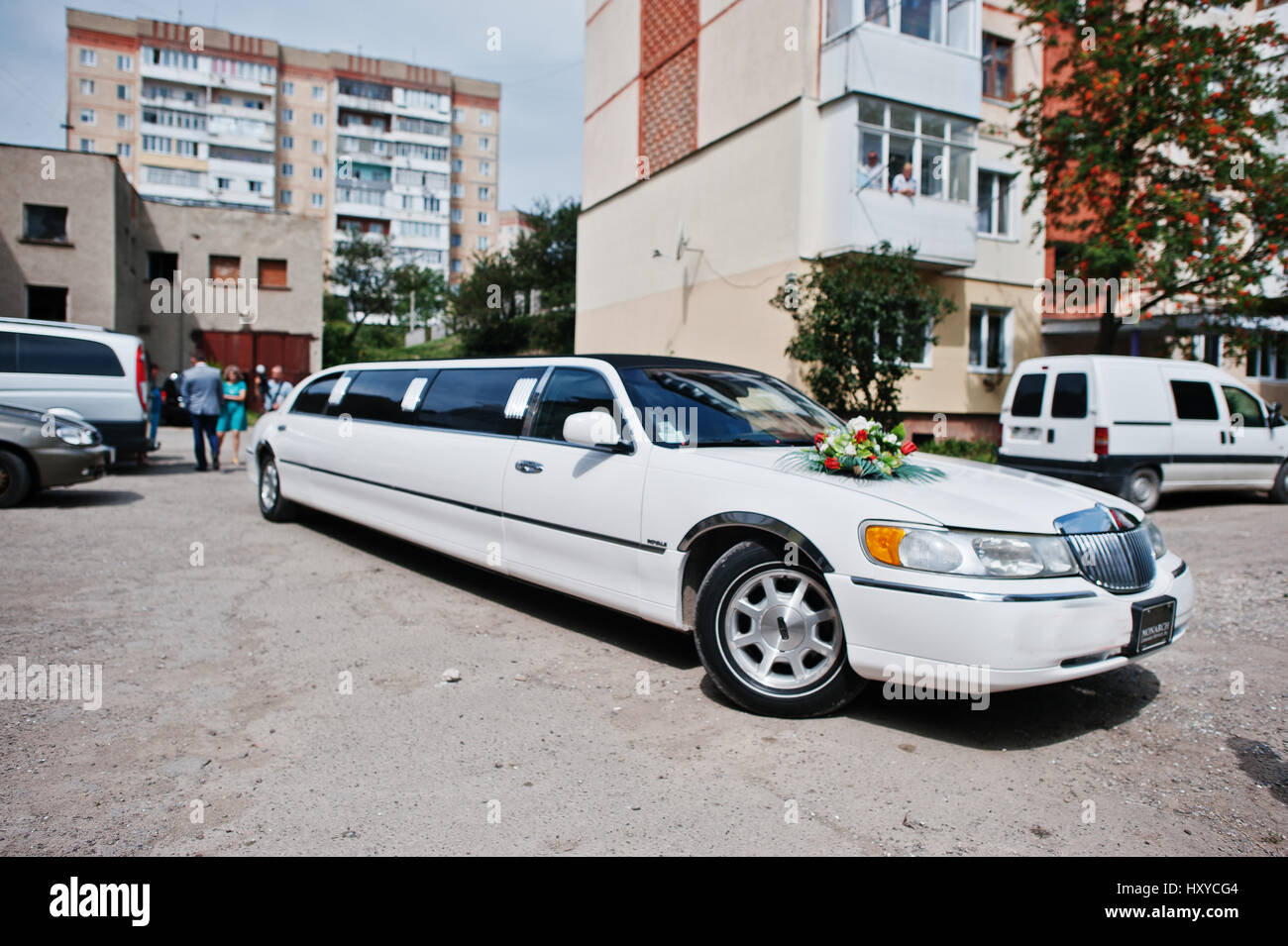 Chortkiv, Ukraine -16 July 2016: Elegant luxury white wedding limousine ...