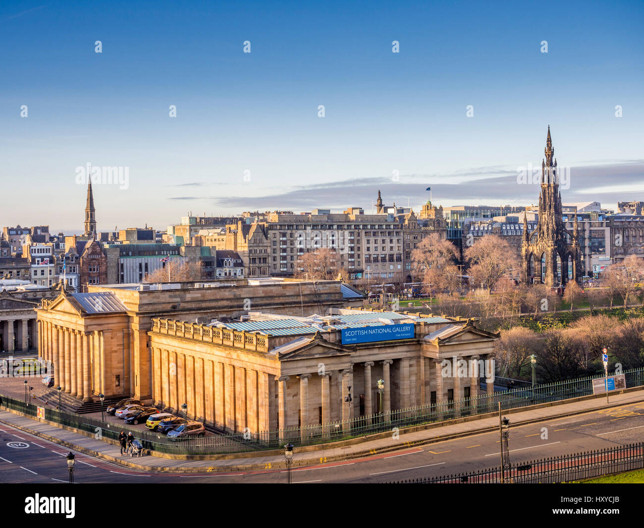 Elevated view of the Scottish National Gallery on The Mound with the Scott Monument to the right. Edinburgh, Scotland, UK. Stock Photo