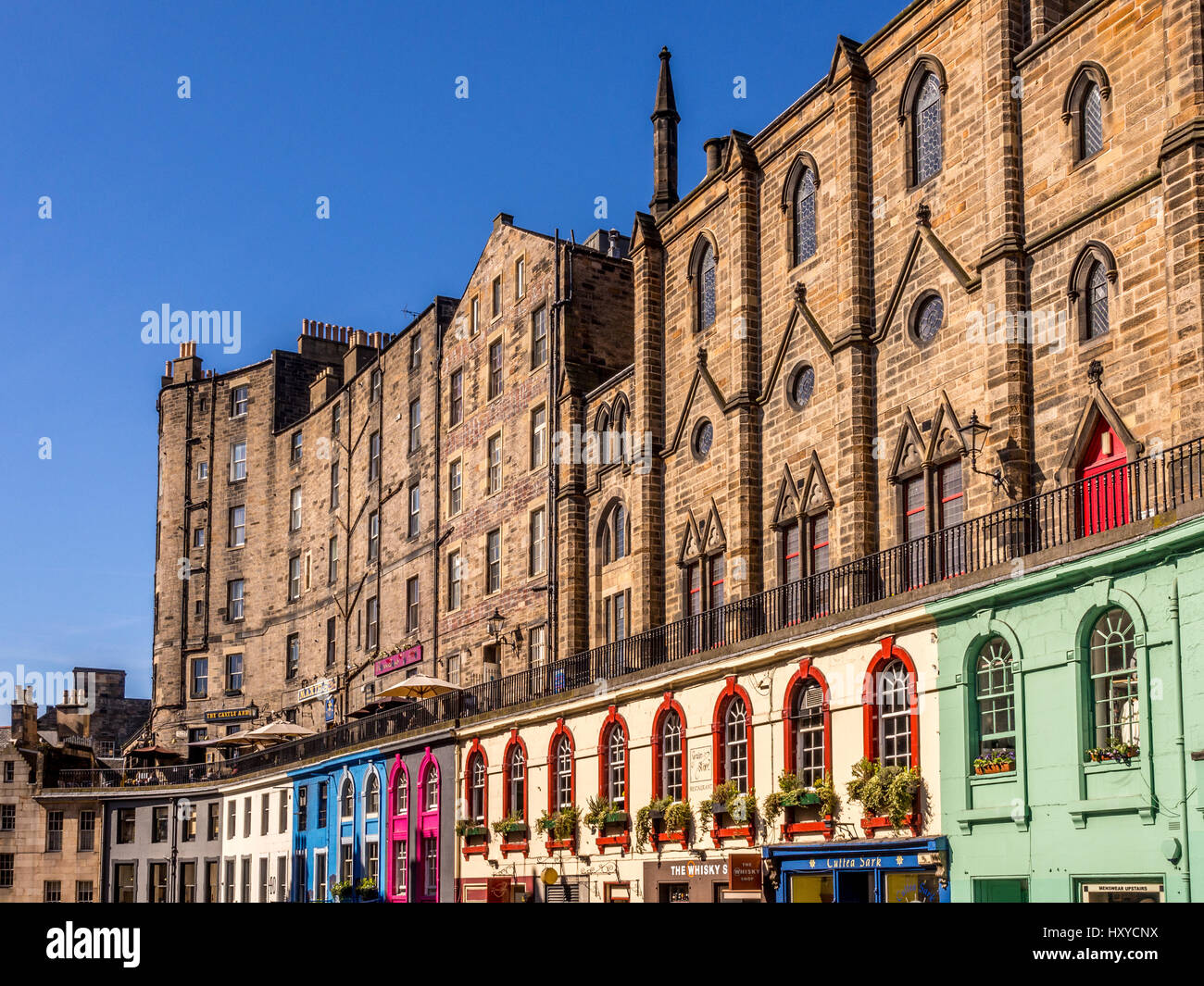 Colourful shop fronts of Victoria Street in the Old Town of Edinburgh, Scotland. Stock Photo