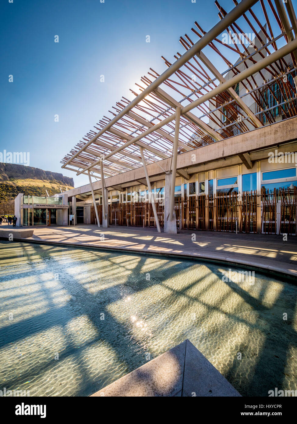 The contemporary canopy o f the Scottish Parliament building at Holyrood, in strong sunlight, Edinburgh, Scotland. Stock Photo