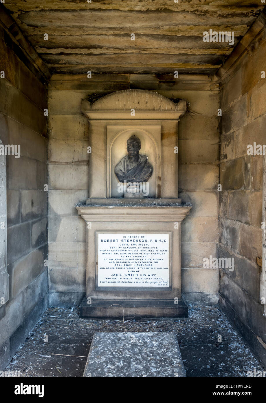 Bust of Robert Stevenson (designer of the famous Bell Rock Lighthouse) inside mausoleum to the 'Lighthouse Stevensons'.  Edinburgh. Stock Photo