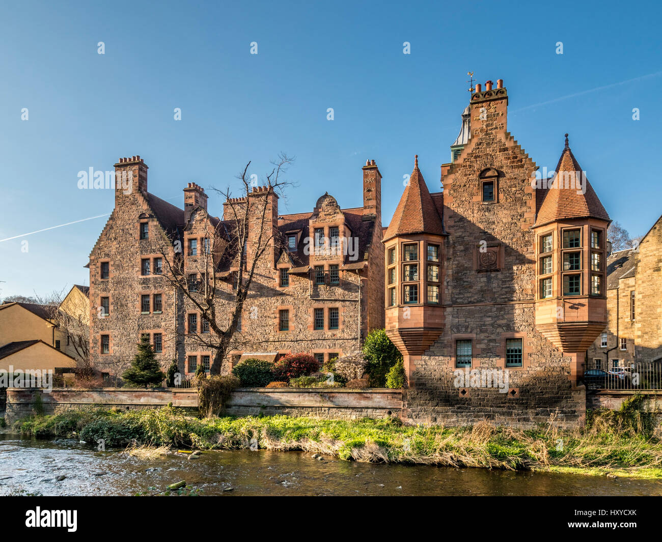 Riverside of restored Well Court in the Dean Village, Edinburgh, Scotland. Stock Photo