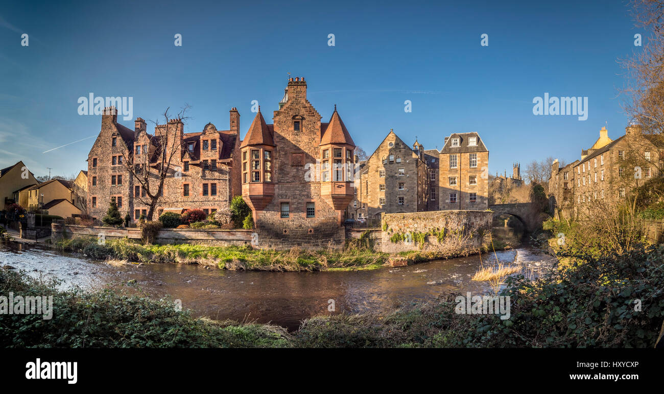 Wide angle view of Well Court, Dean Village, with the Water of Leith in the foreground, Edinburgh, Scotland. Stock Photo