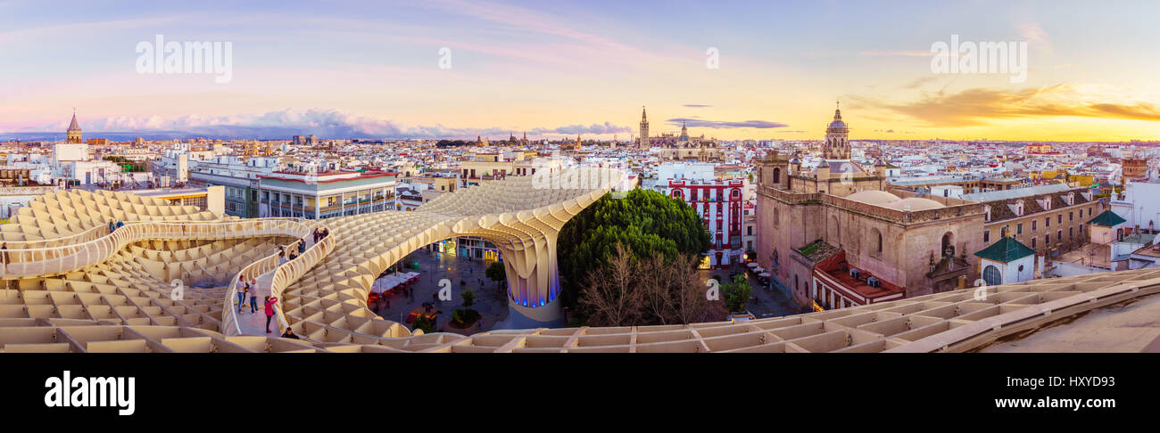 From the top of the Space Metropol Parasol (Setas de Sevilla) one have the best view of the city of Seville, Spain. It provides a unique angle over th Stock Photo