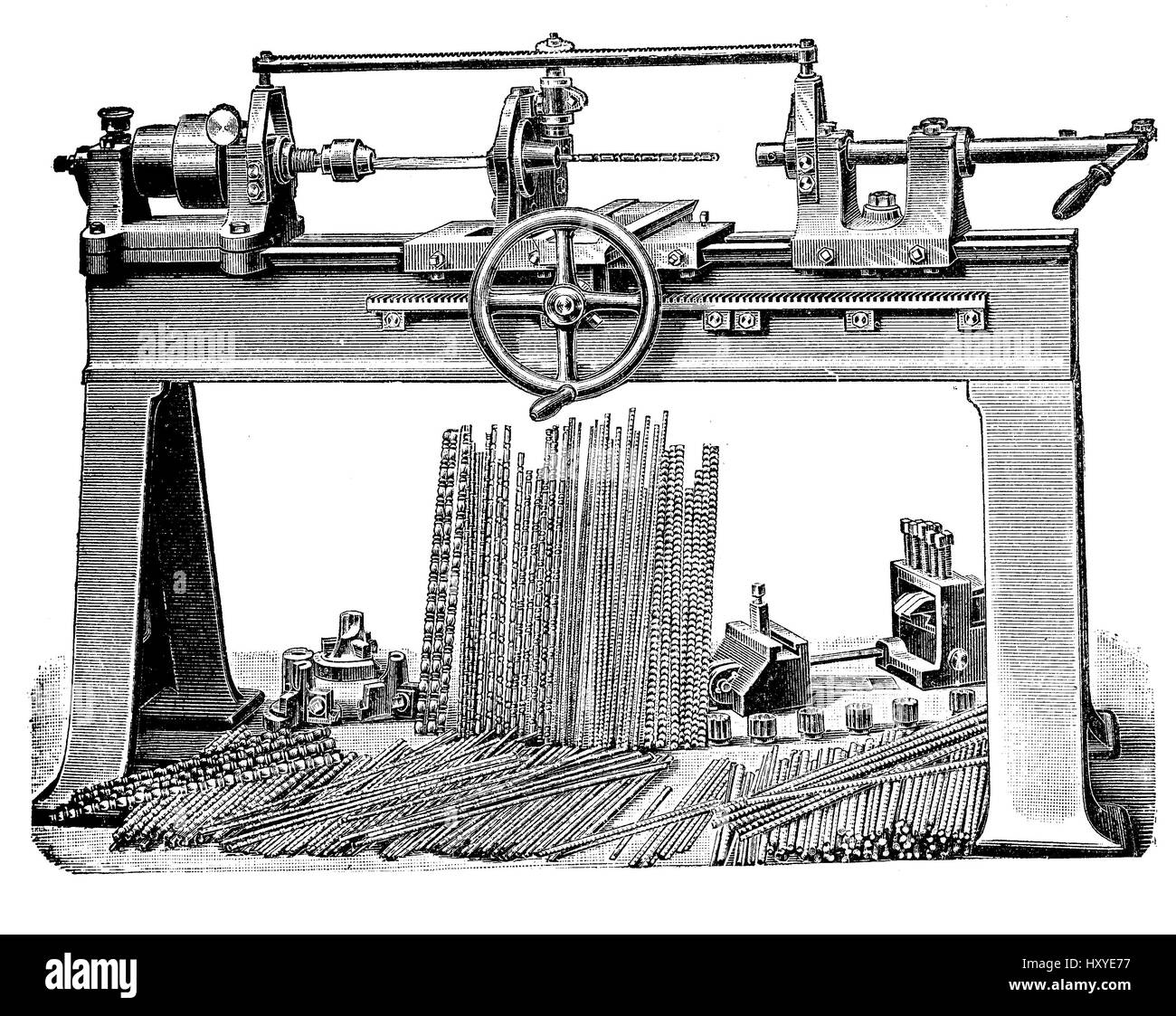 Metalworking, turning bench lathe in production with accessories, vintage engraving Stock Photo