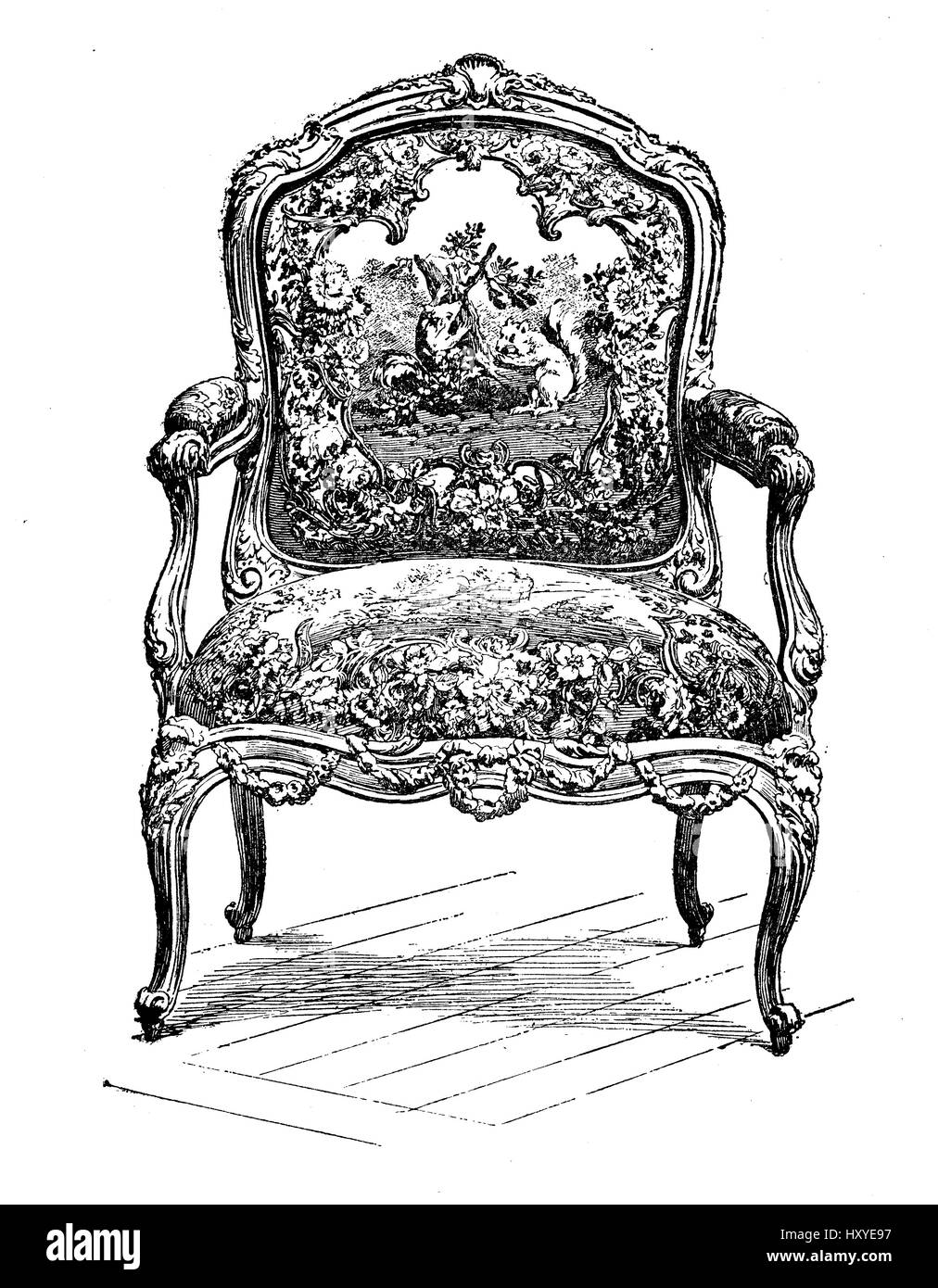 Vintage Engraving Of Rococo Style Upholstered Chair, XVII Century Vintage engraving of rococo style upholstered chair, XVII century - Vintage Engraving Of Rococo Style Upholstered Chair, XVII Century