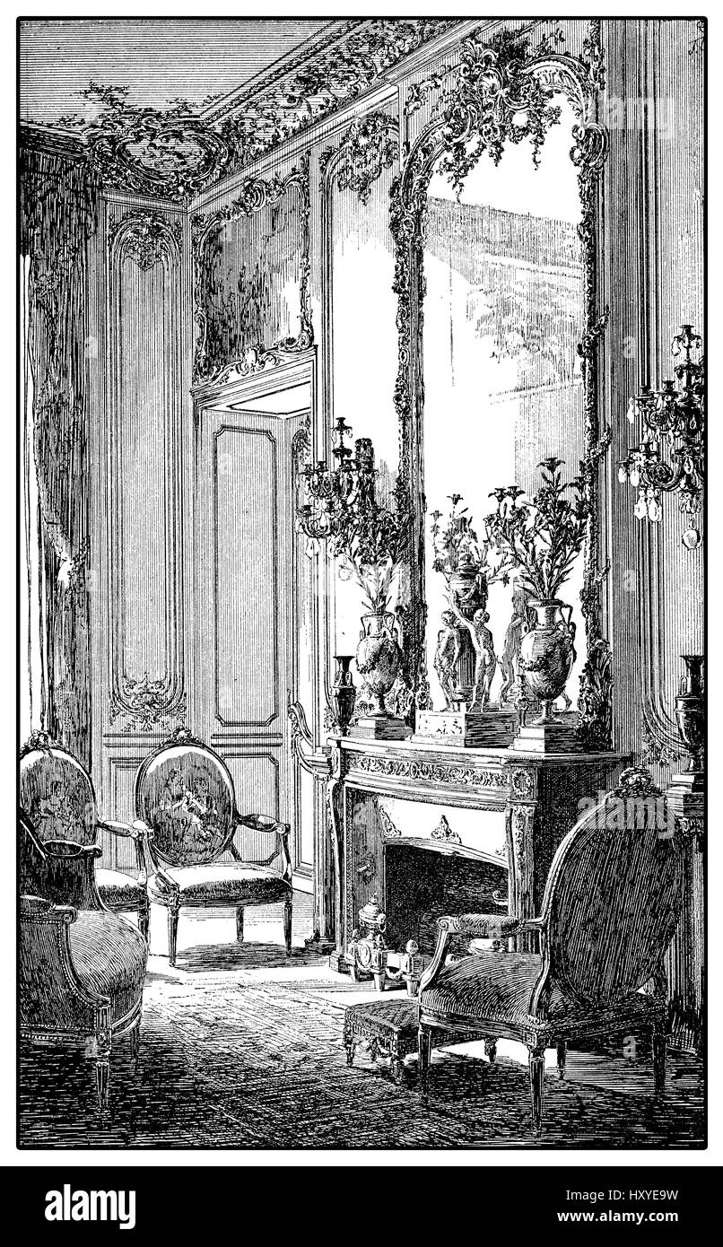 Vintage engraving of baroque style richly decorated parlor with fireplace,mirror and upholstered chairs, XVII century Stock Photo