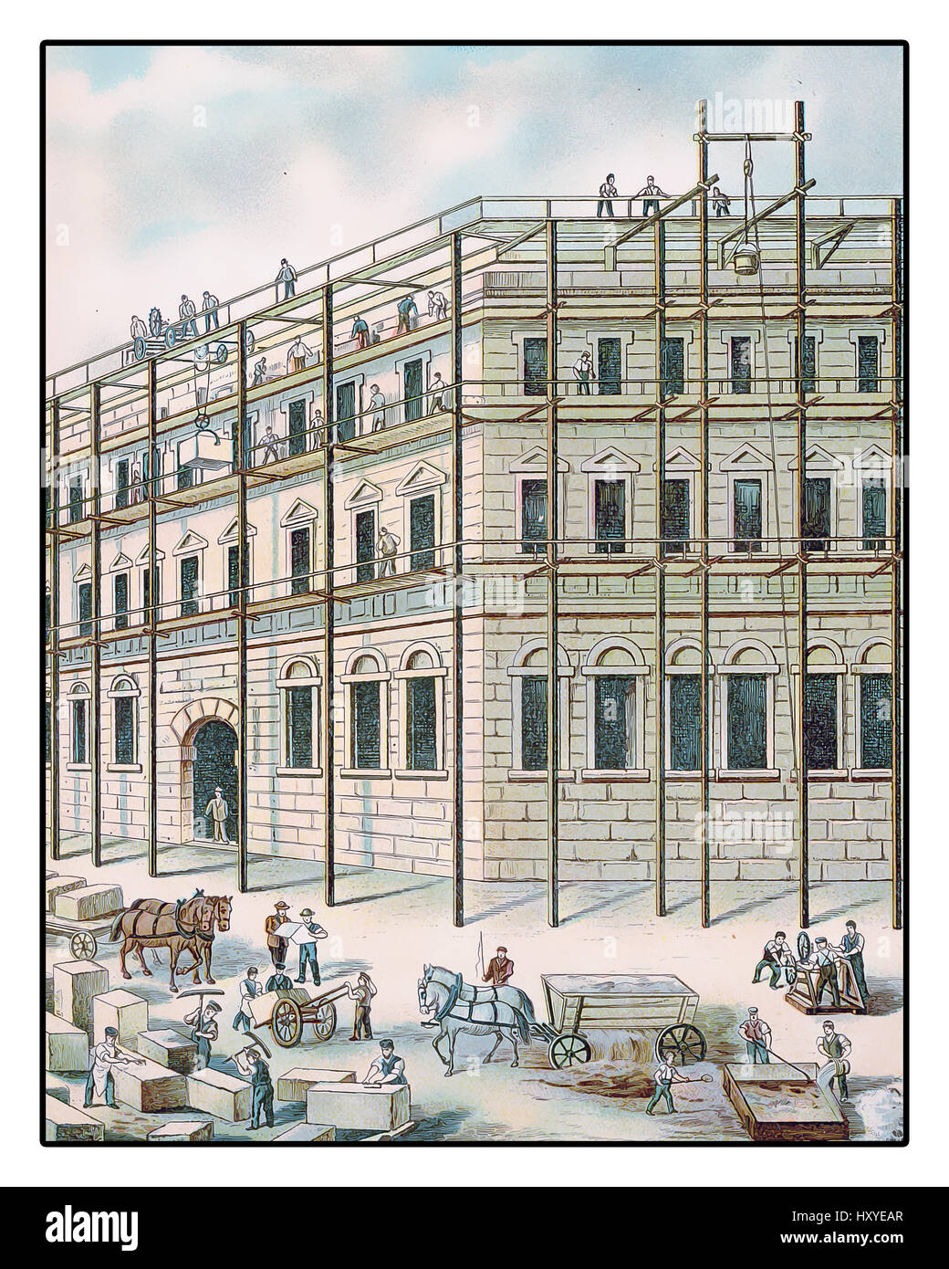 19th century illustration of building industry:  the construction work of a building destinated to a public school in Germany Stock Photo