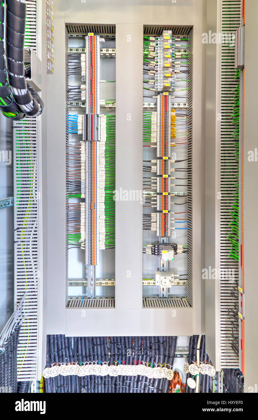 Electrical terminals and wires in industrial control panel closeup