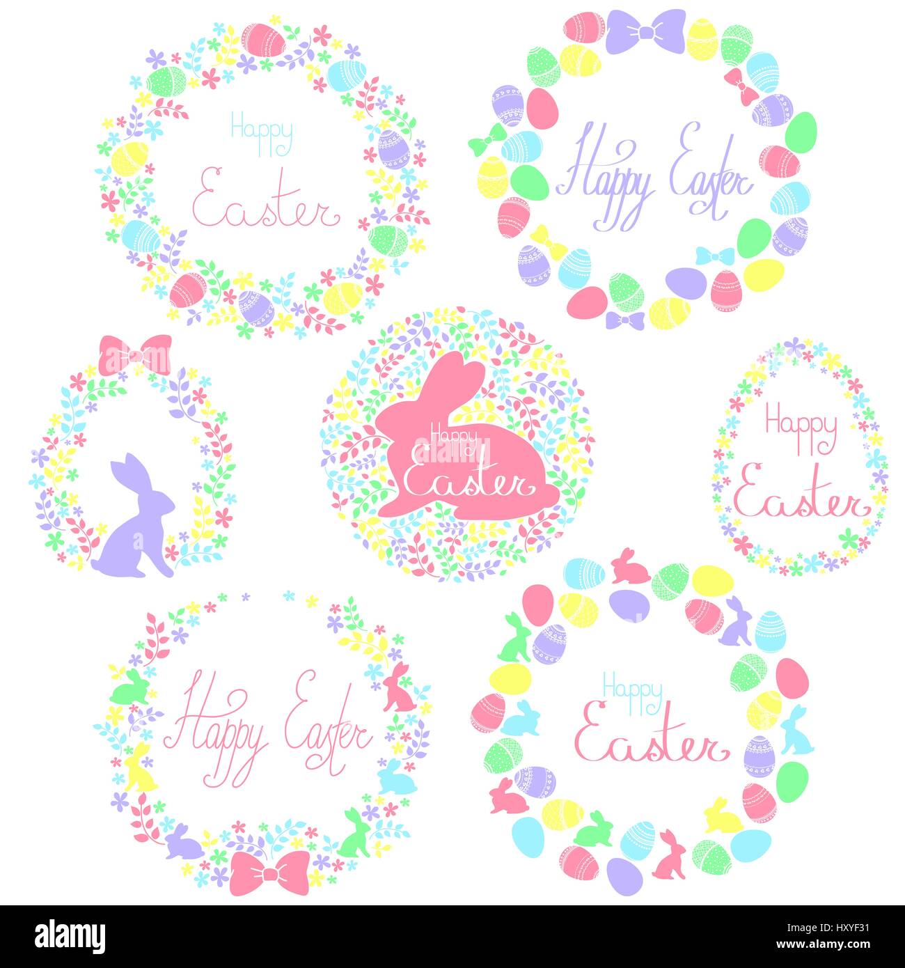 A set of vector festive Easter wreaths and round elements in a delicate pastel palette, consisting of decorated eggs, silhouettes of Easter bunnies, p Stock Vector