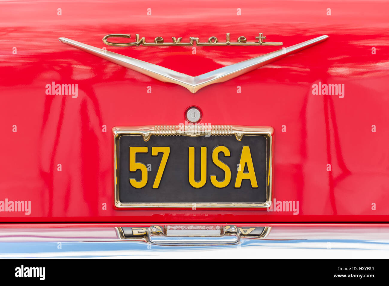 FARNBOROUGH, UK - MARCH 29: Unique Chevrolet vehicle licence plate, circa 1957 on display at the annual Wheels Day auto and bike show on March 29, 201 Stock Photo
