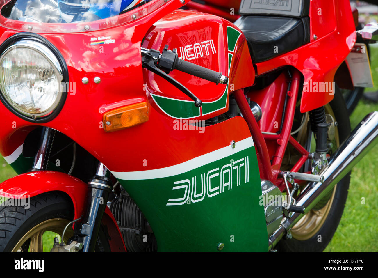 Ducati 900cc Mike Hailwood replica motorcycle at Brooklands, Weybridge, Surrey, England Stock Photo