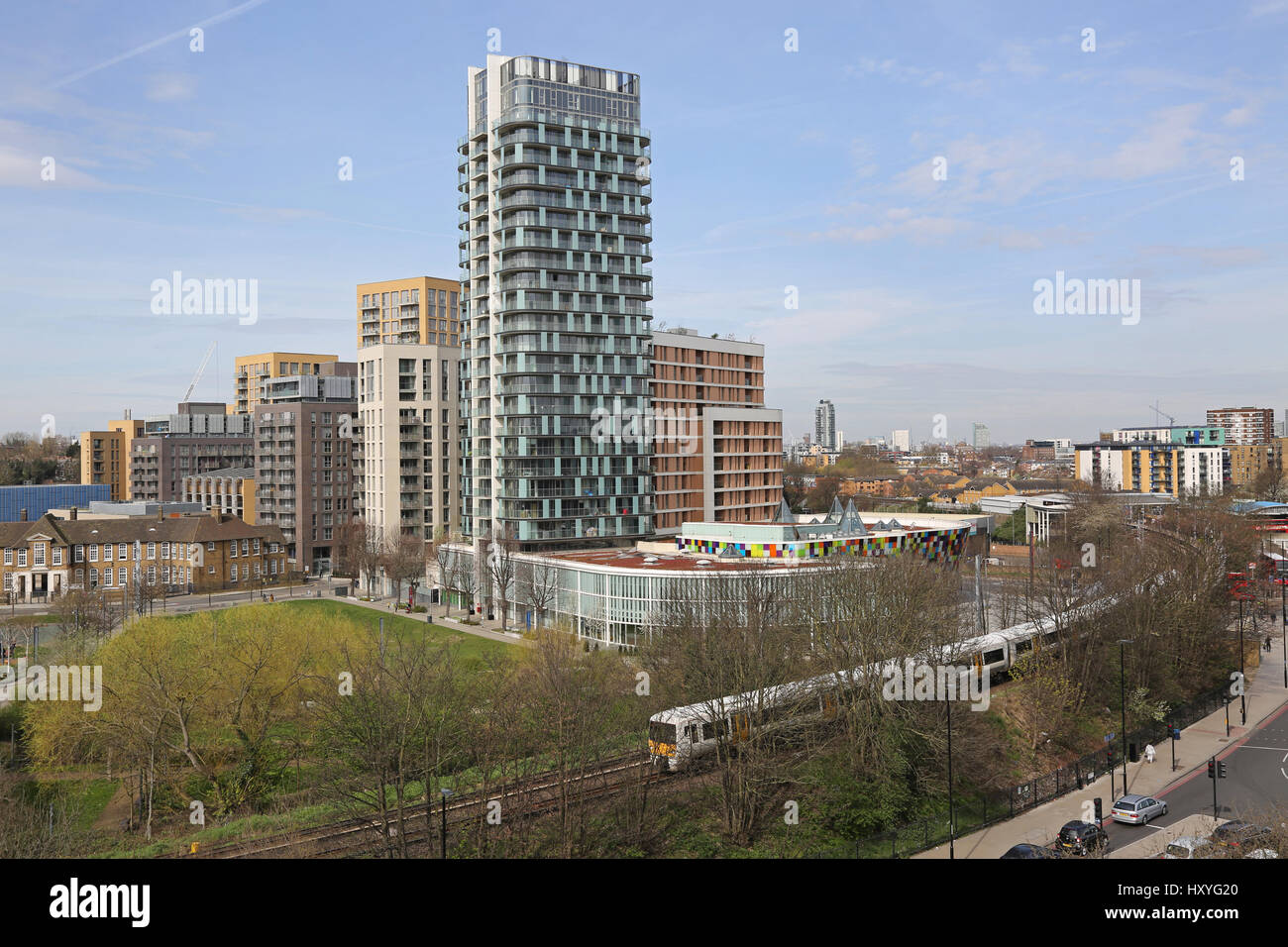 High level view of Lewisham town centre, southeast London, UK, showing new residential development, sports centre, railway and gyratory system. Stock Photo