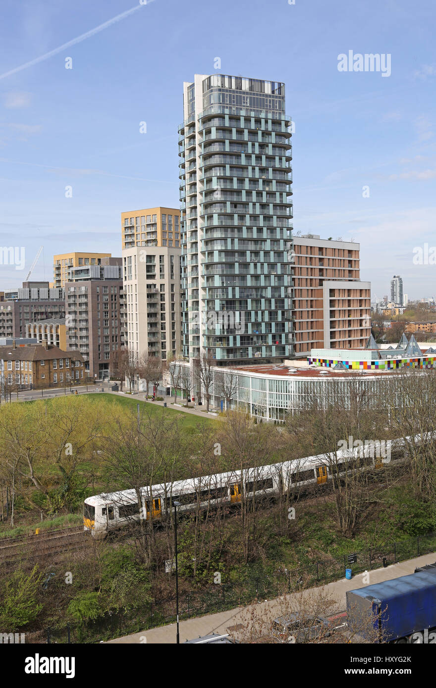 High level view of Lewisham town centre, southeast London, UK, showing new residential development, sports centre, railway and gyratory system. Stock Photo