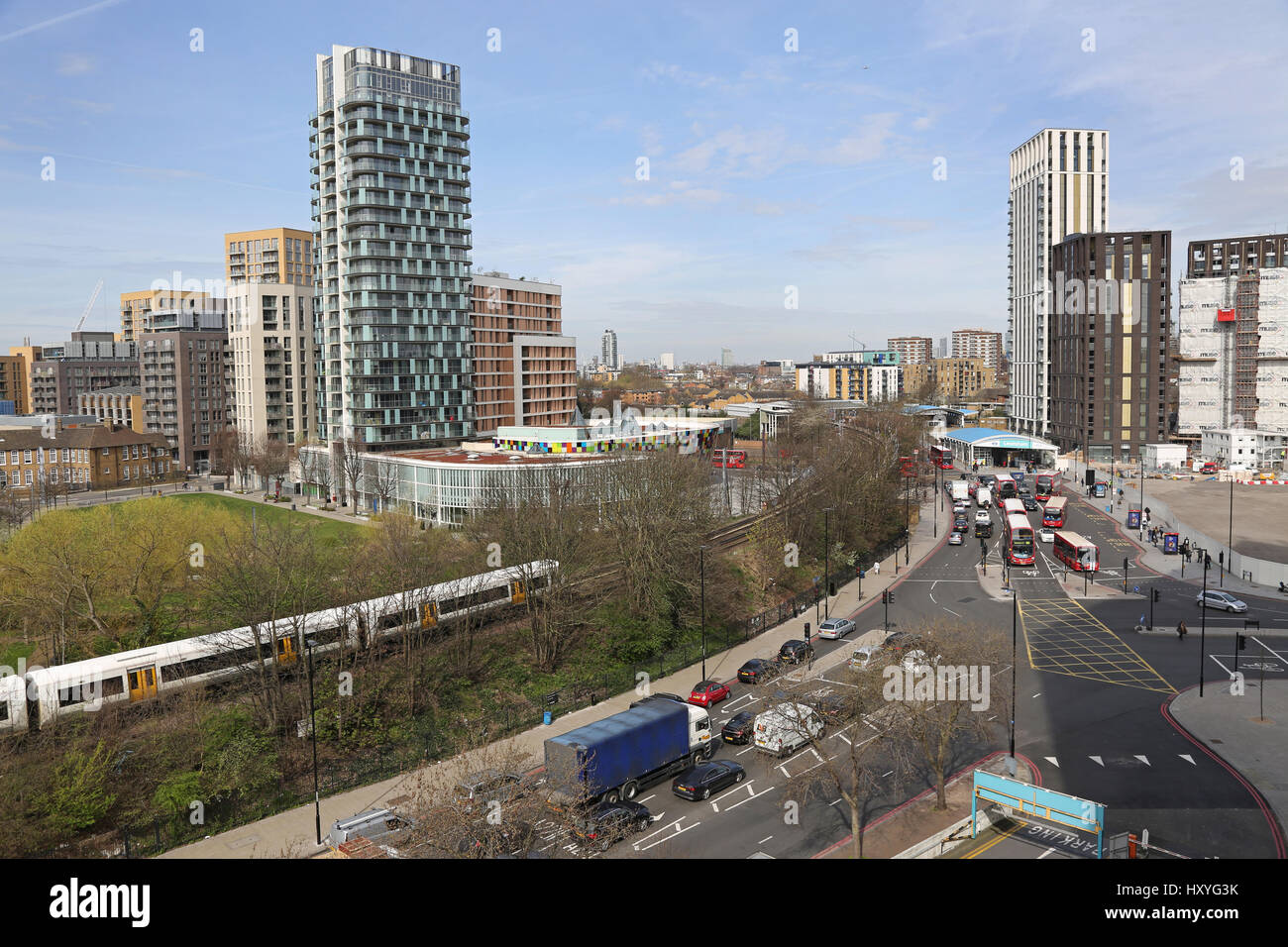 High level view of Lewisham town centre, southeast London, UK, showing new residential development, sports centre, railway and new road layout. Stock Photo
