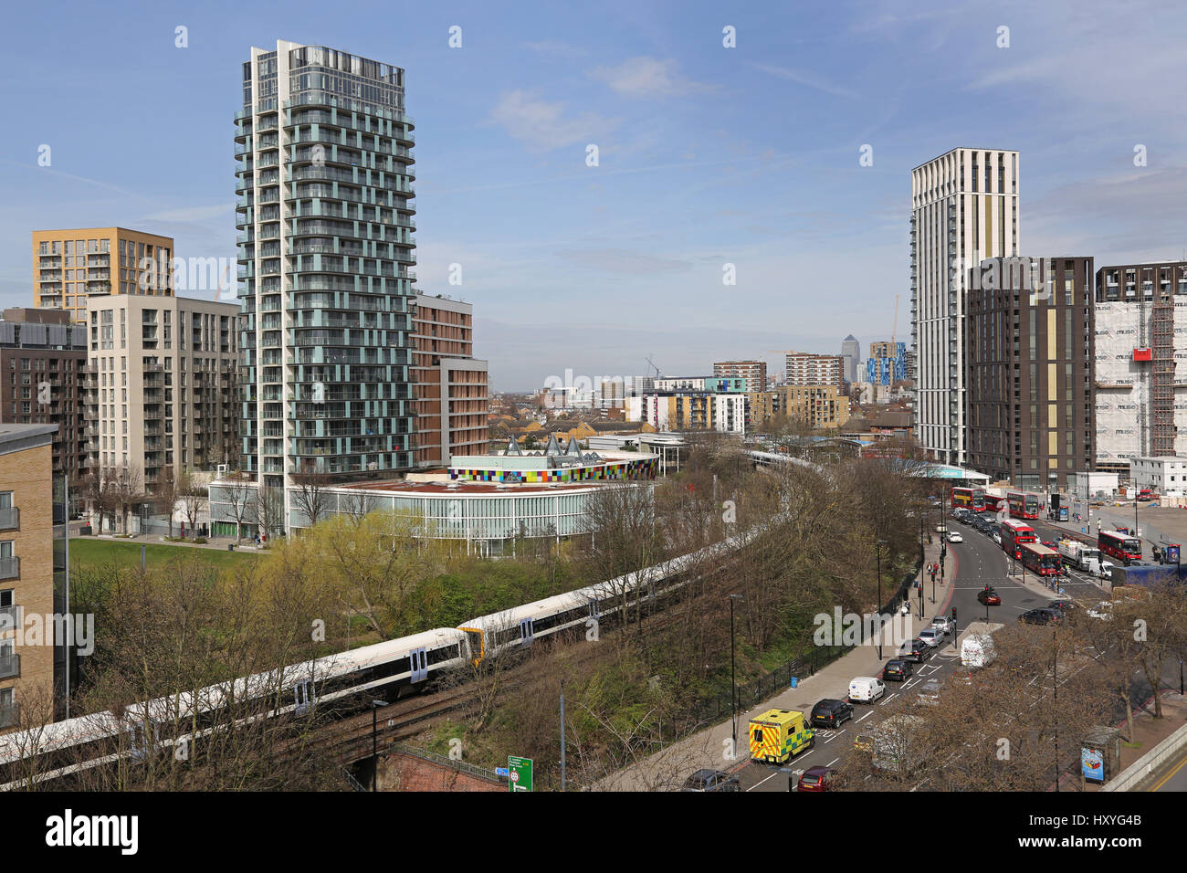 High level view of Lewisham town centre, southeast London, UK, showing new residential development, sports centre, railway and gyratory system. Stock Photo