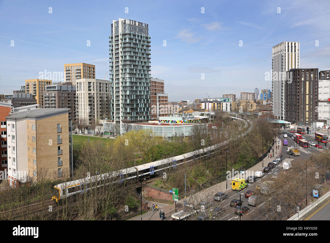 High level view of Lewisham town centre, southeast London, UK, showing new residential development, sports centre, railway and gyratory system. Stock Photo