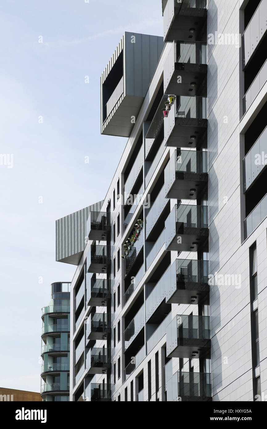 Orwell Court, a new residential development on Lewisham, London, UK. Also known as Thurlston Point. Clad in distinctive silver panels Stock Photo