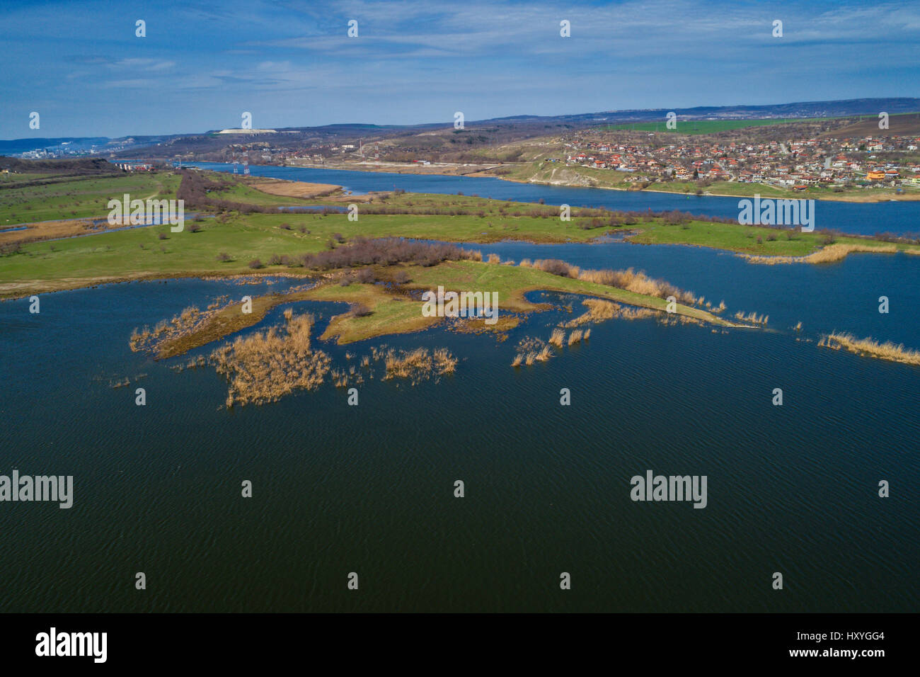 Protected wildlife sanctuary with many birds. Picture from high above land with drone . Stock Photo