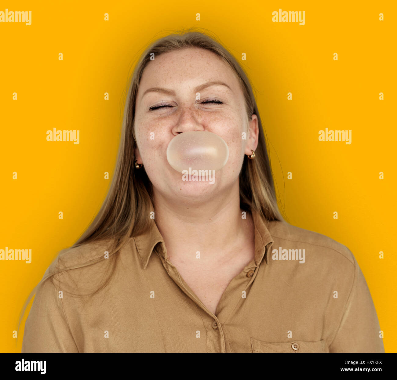 Caucasian Woman Bubble Gum Stock Photo Alamy