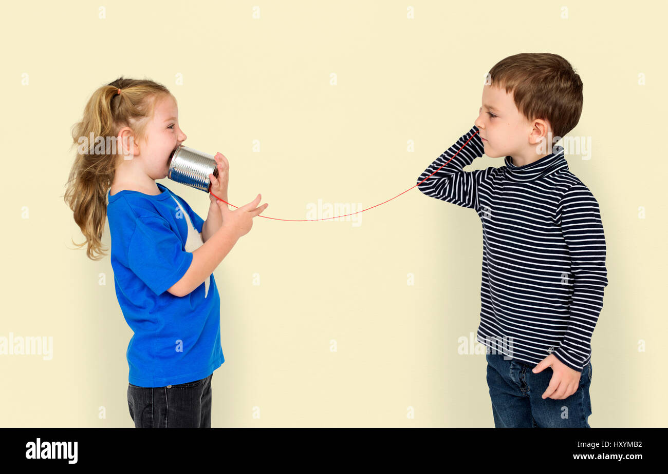Little Kids Using String Phone Adorable Cute Stock Photo Alamy