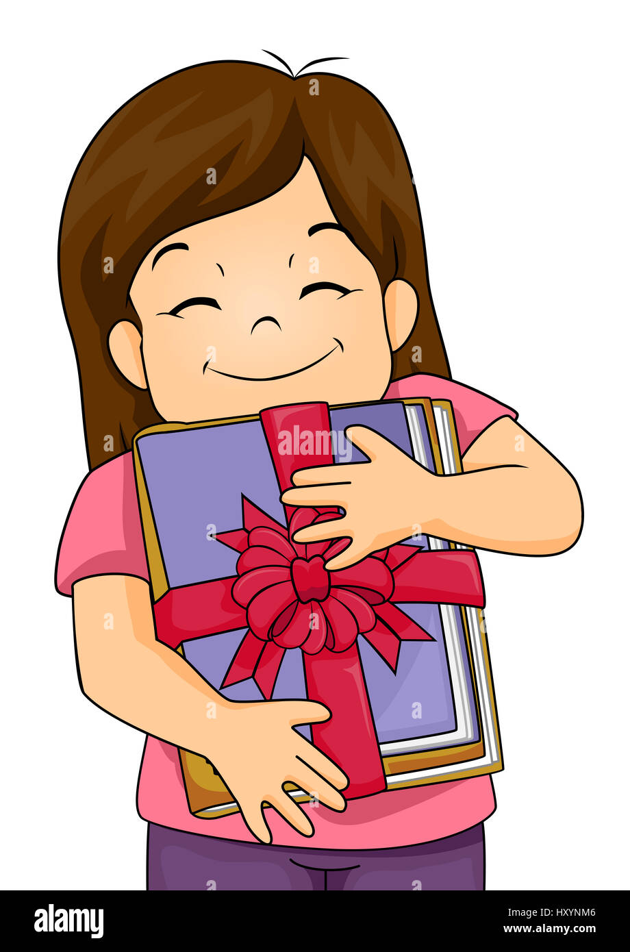 Illustration of a Happy Girl Hugging Her Present Stock Photo - Alamy