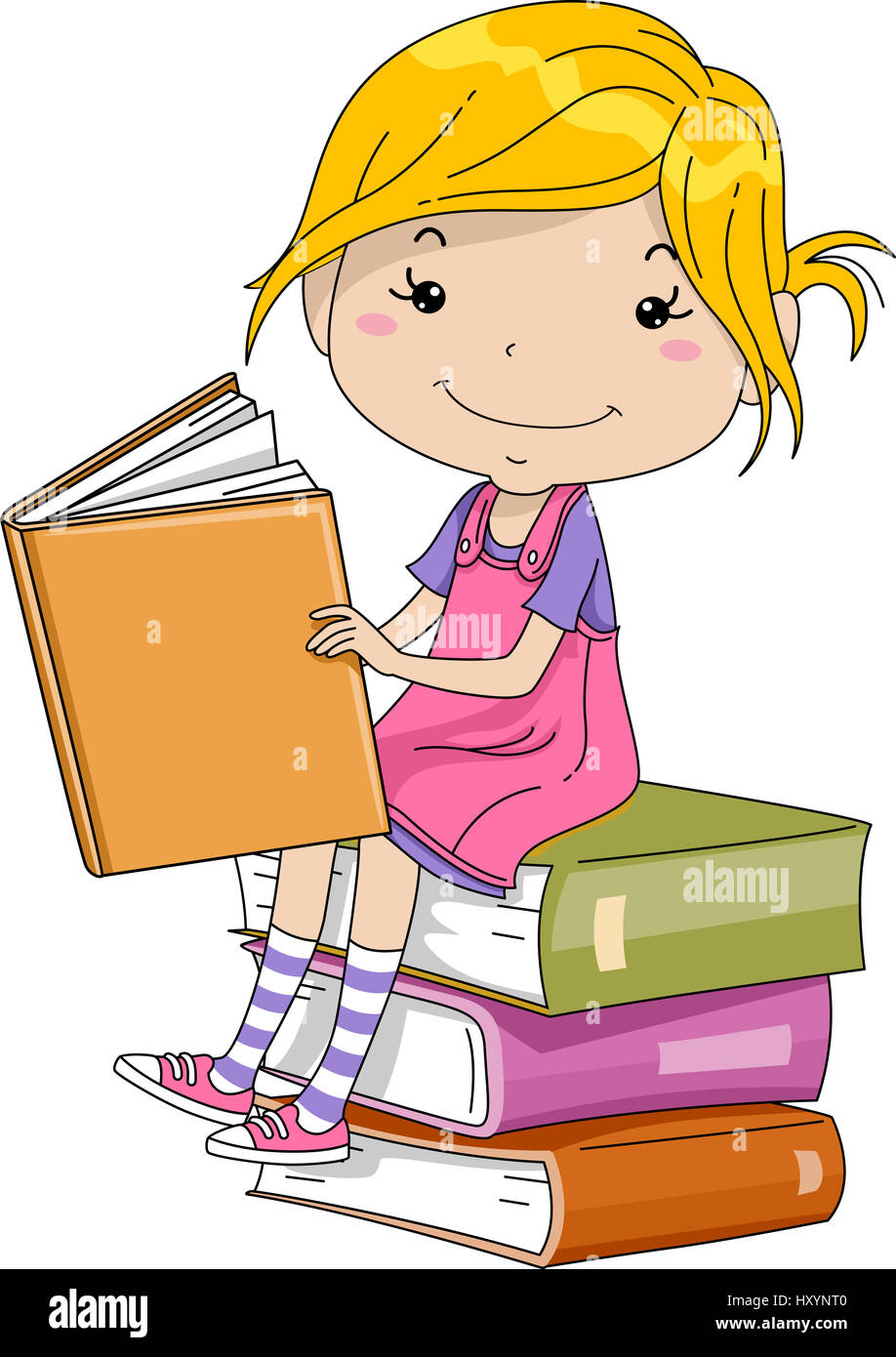 Illustration of a Little Girl Sitting on a Pile of Thick Books Stock ...