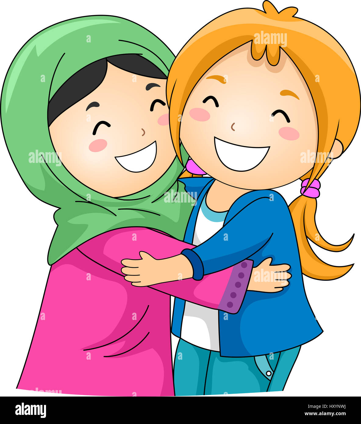 Illustration of a Muslim and a Non Muslim Girl Hugging Each Other Stock Photo