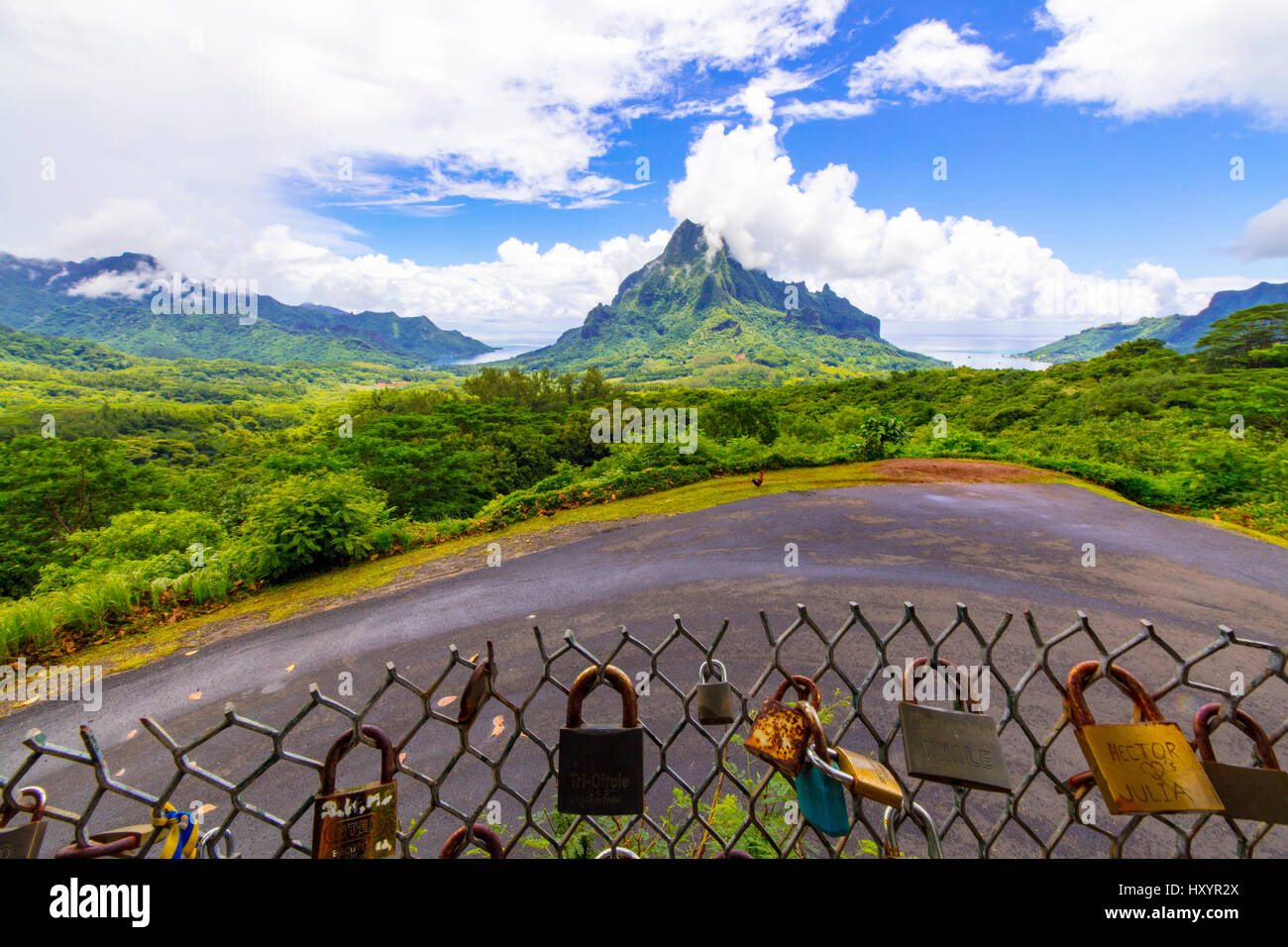 Love Lock, Belvedere Lookout, Cook's Bay, Opunohu Bay, Moorea, French Polynesia Stock Photo