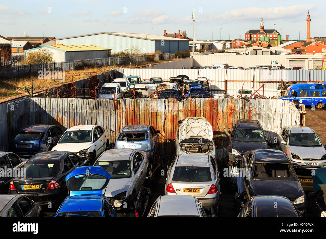 GRIMSBY, ENGLAND MARCH 14 Car scrap yard in Grimsby, England. In Grimsby, North Lincolnshire