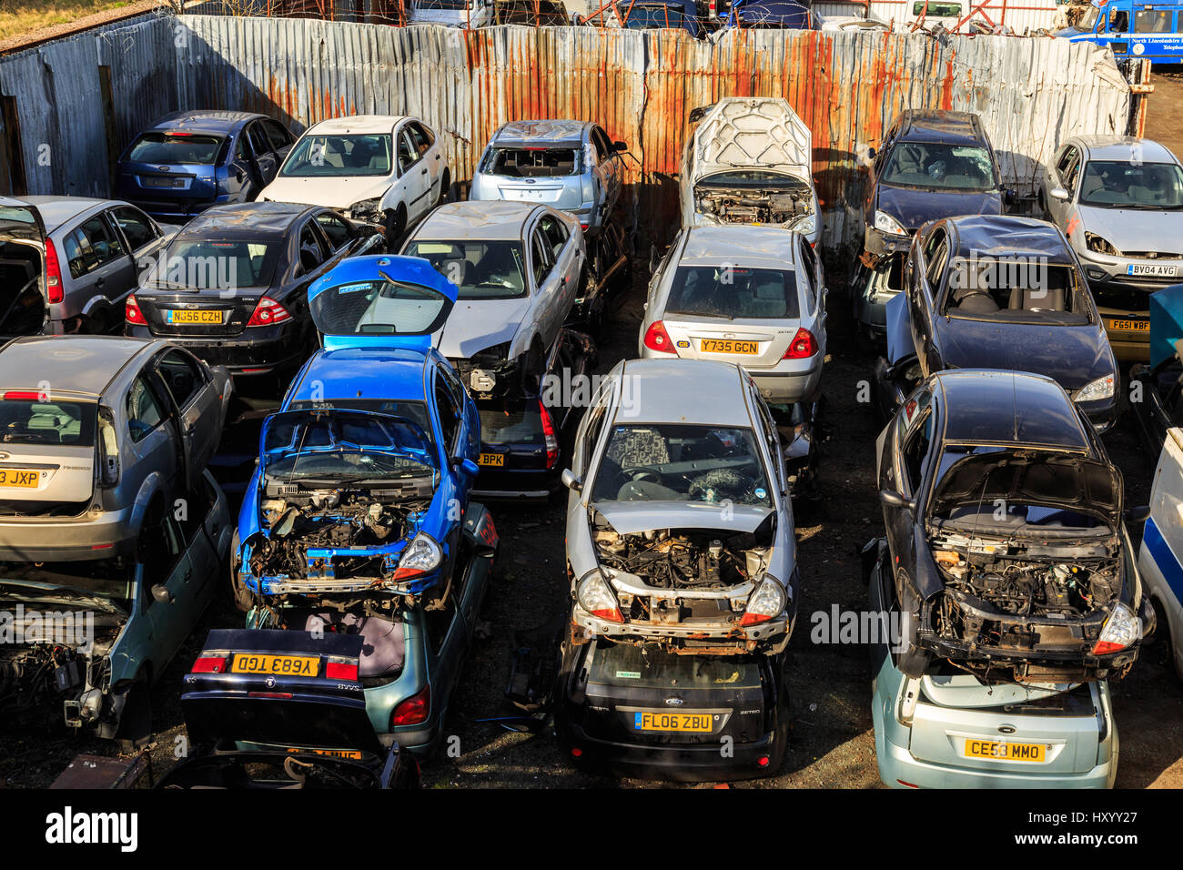 GRIMSBY, ENGLAND MARCH 14 Cars piled in scrap yard in Britain. In Grimsby, North Lincolnshire