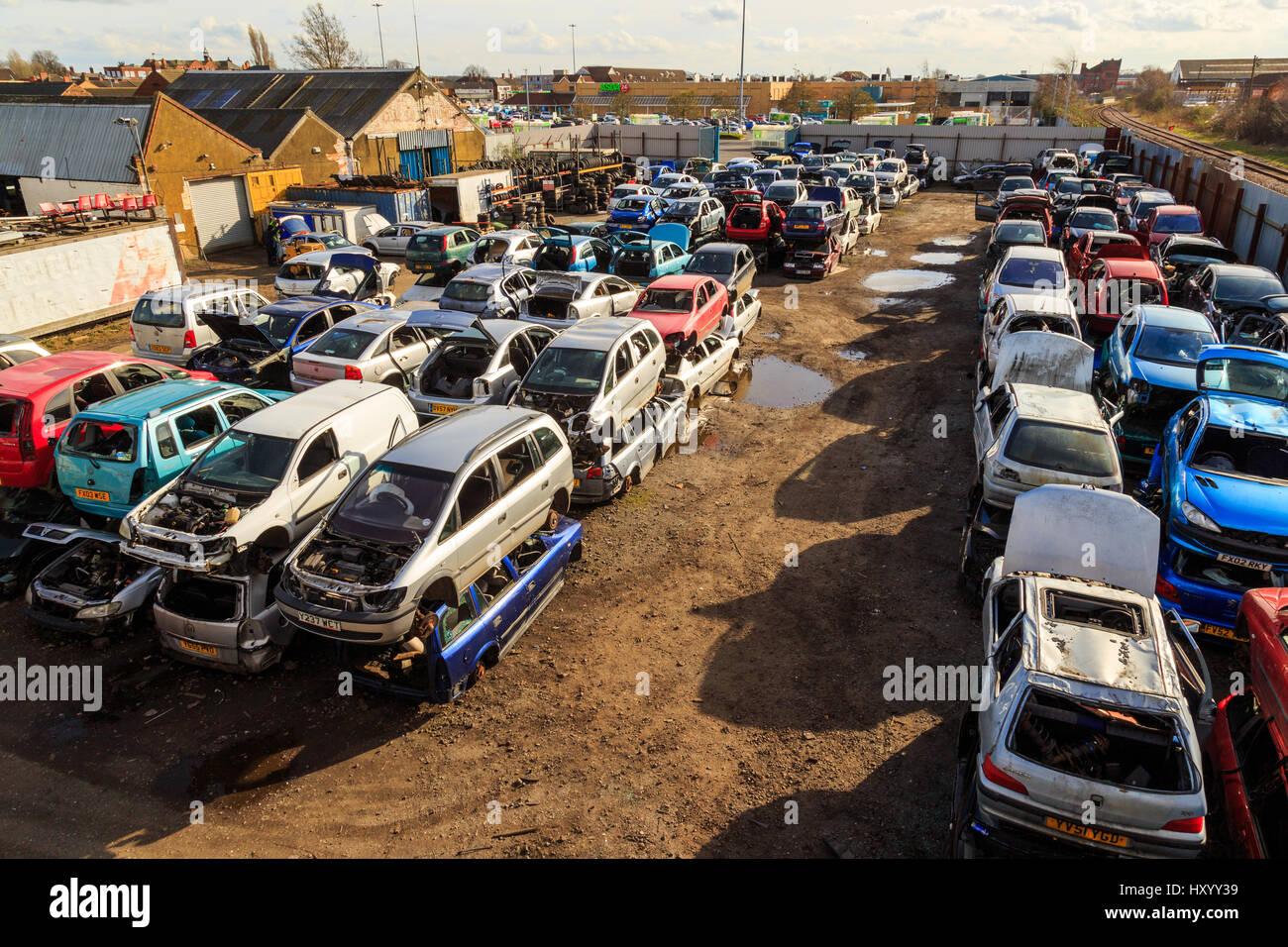 GRIMSBY, ENGLAND MARCH 14 Rows and piles of old damaged cars in