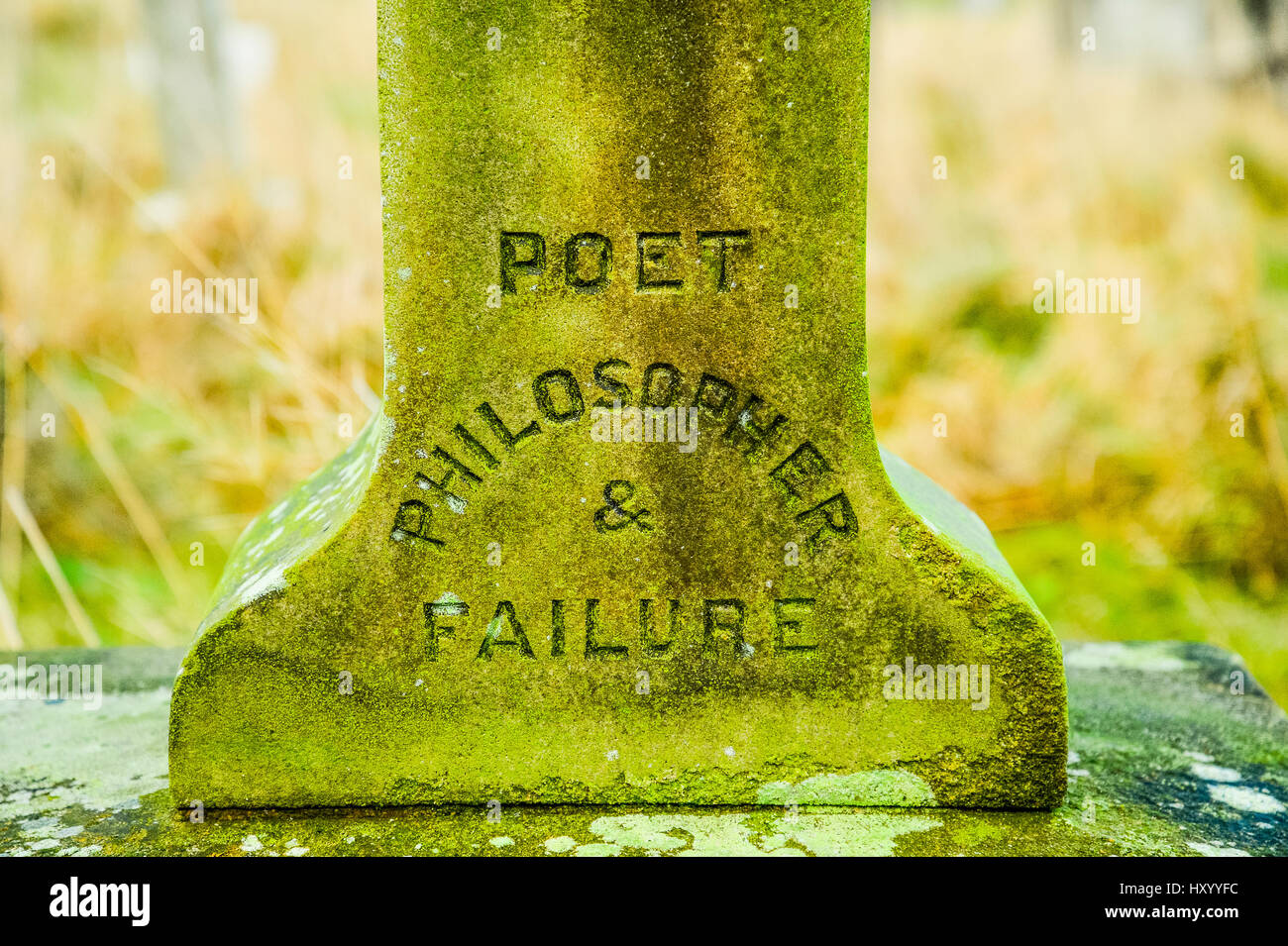 ‘Poet philosopher and failure’ inscription on tombstone at Heysham, Lancashire, UK Stock Photo