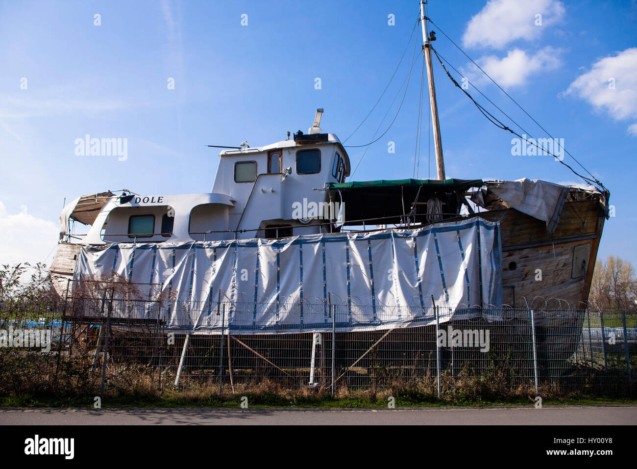 Europe, Germany,  Cologne, old wooden ship in the harbor in the district Muelheim. Stock Photo