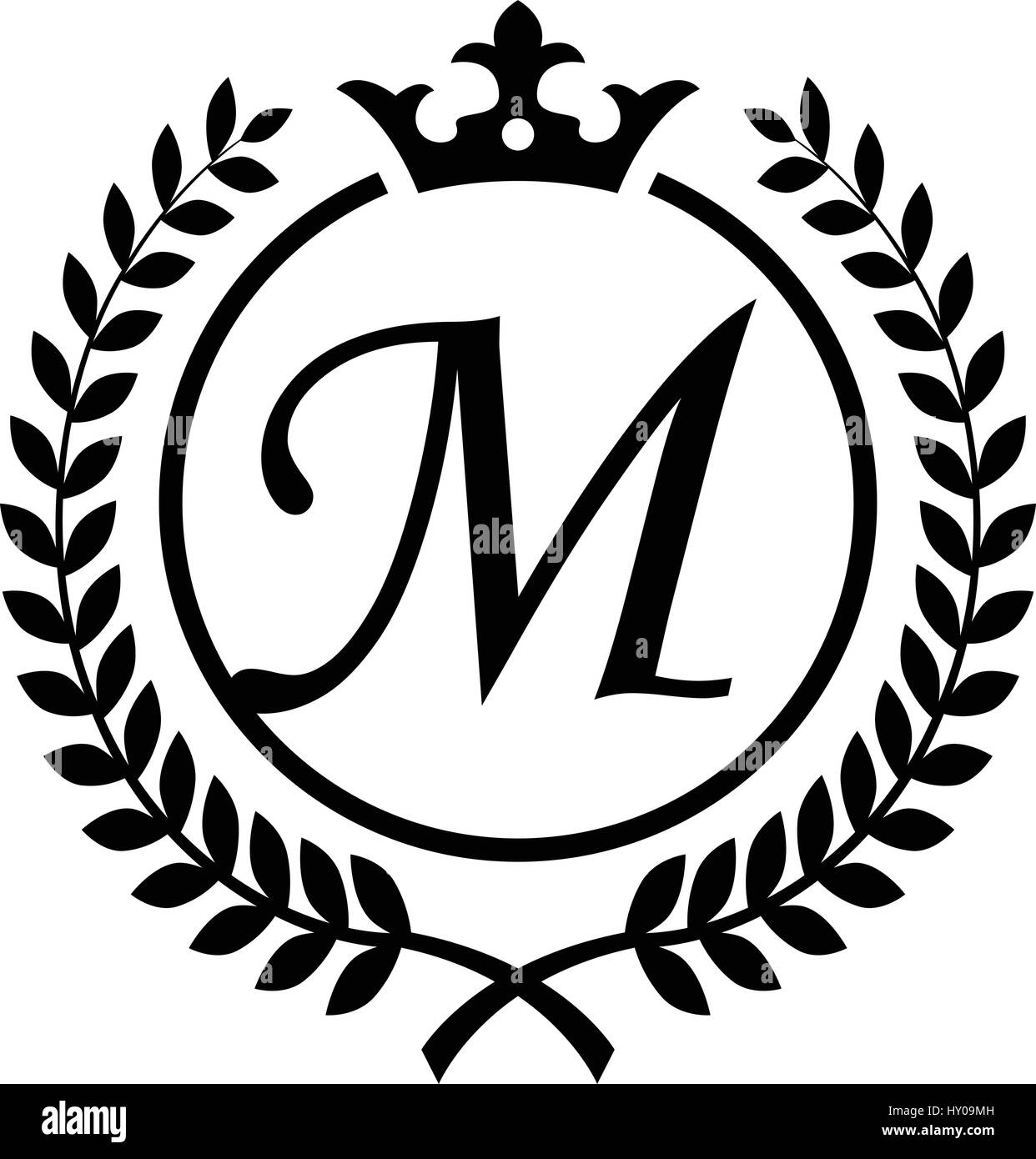 Vintage Letter M initial inside Laurel wreath symbol design Stock Vector