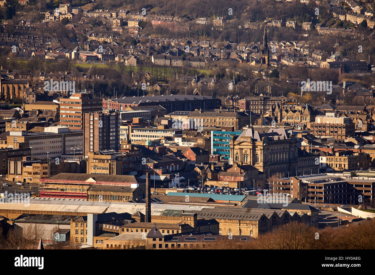 View from Castle Hill of Huddersfield town centre market town metropolitan borough Kirklees, West Yorkshire, England. UK. Stock Photo