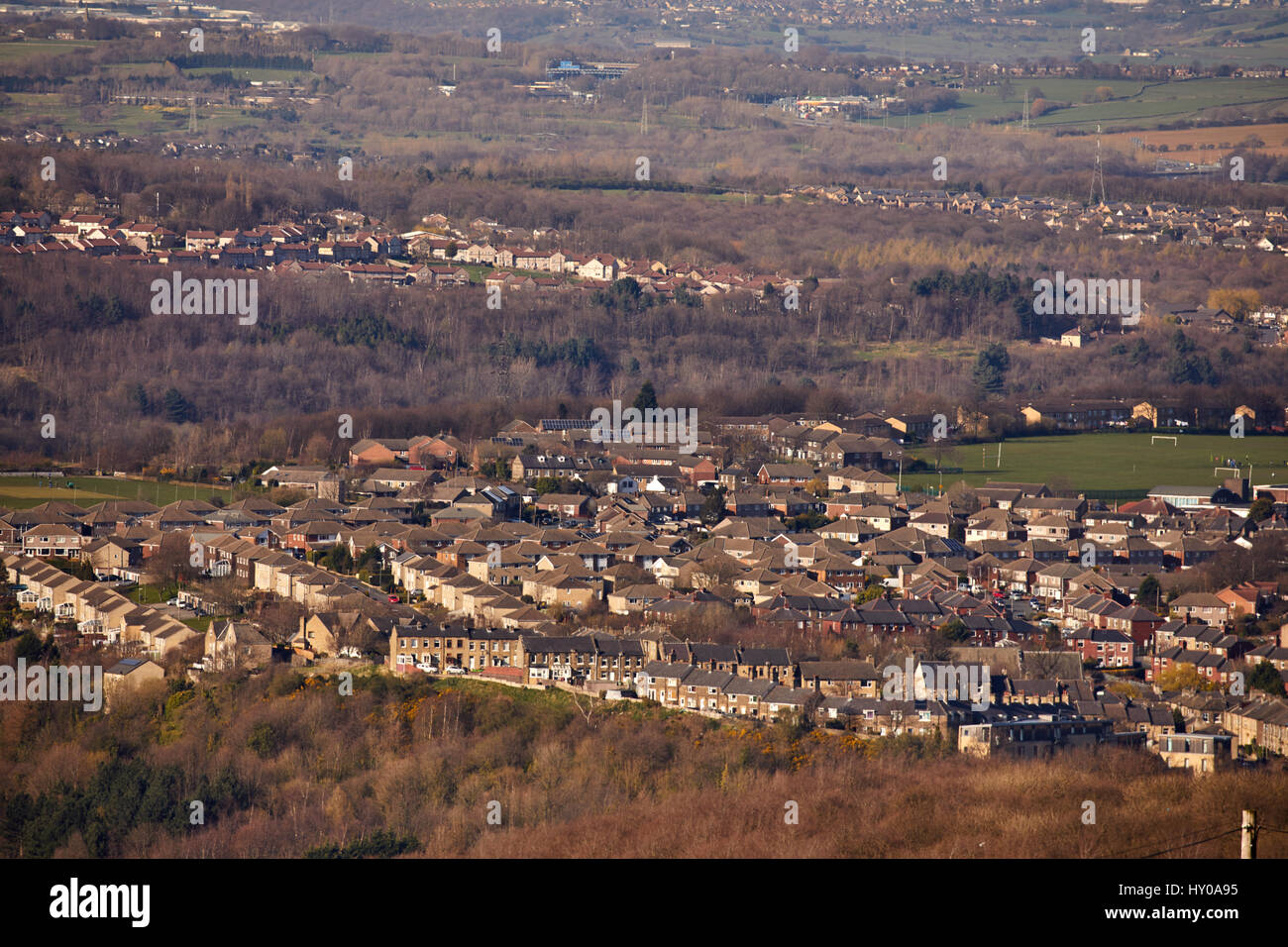 View from Castle Hill of Huddersfield town centre market town metropolitan borough Kirklees, West Yorkshire, England. UK. Stock Photo