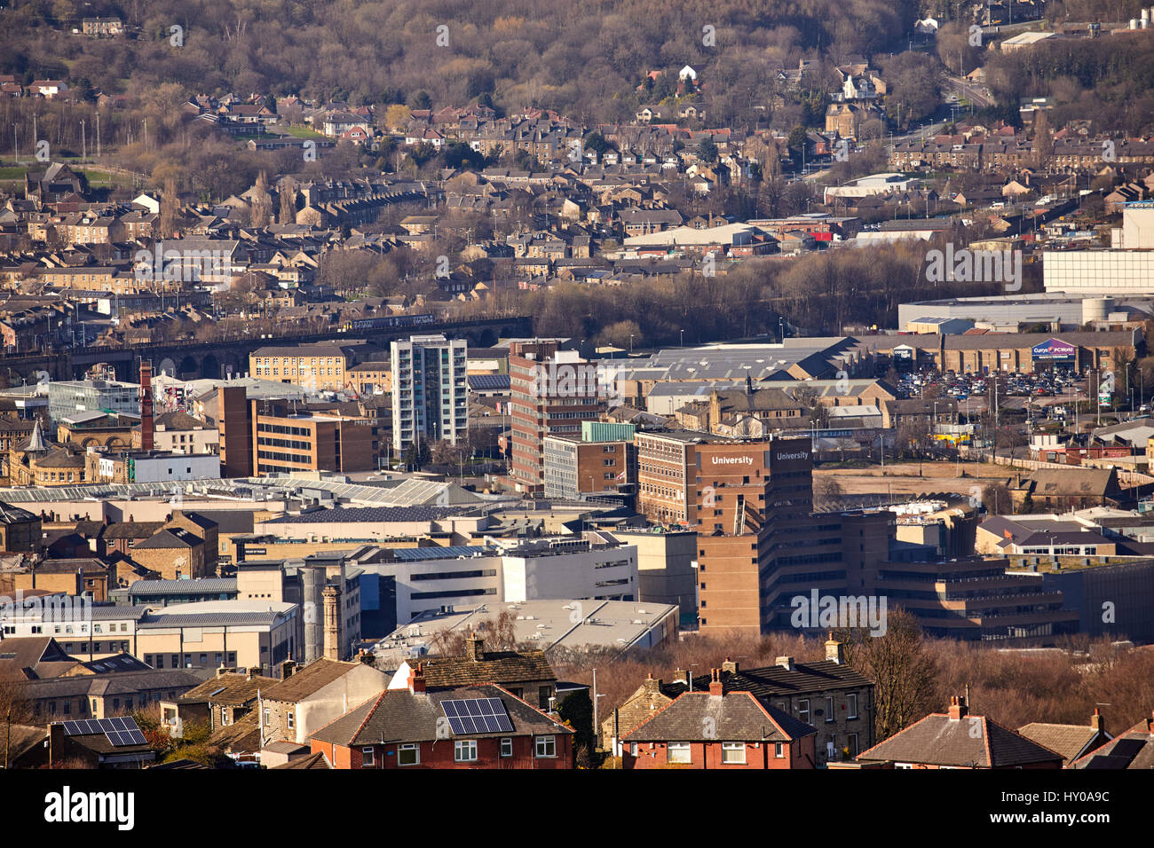 View from Castle Hill of Huddersfield town centre market town metropolitan borough Kirklees, West Yorkshire, England. UK. Stock Photo