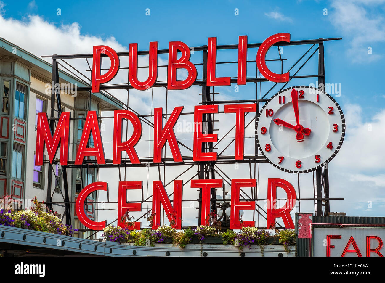 Pike place market sign at Pikes Place Market in Seattle, Washington. Stock photo of the Pike Place Market Sign against sky. Stock Photo