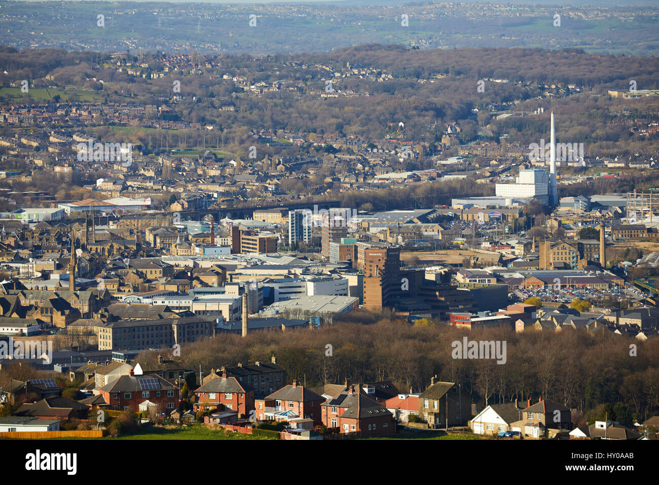 View from Castle Hill of Huddersfield town centre market town metropolitan borough Kirklees, West Yorkshire, England. UK. Stock Photo