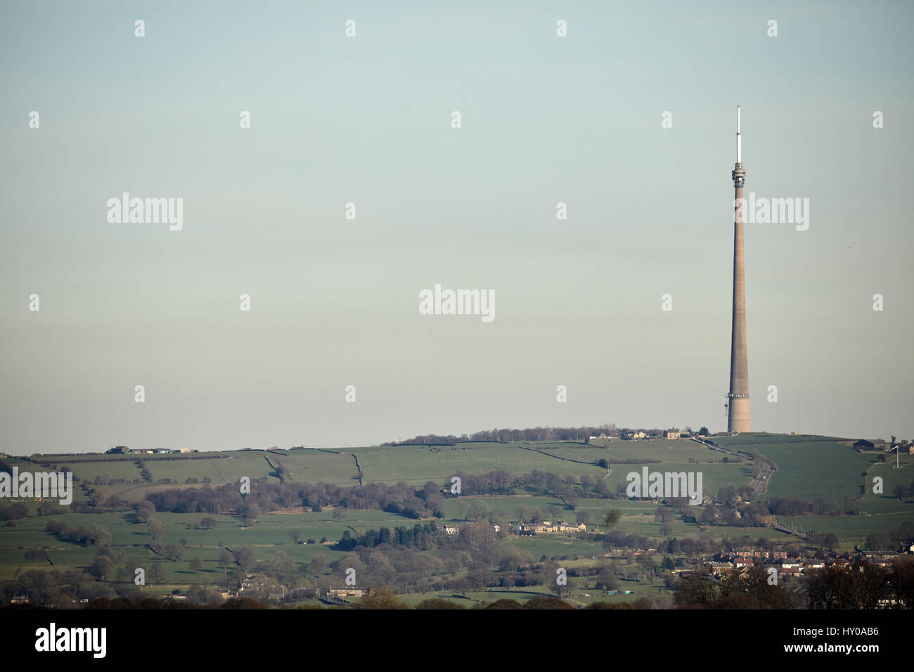 Emley Moor transmitting station from Castle Hill  Huddersfield  metropolitan borough Kirklees, West Yorkshire, England. UK. Stock Photo