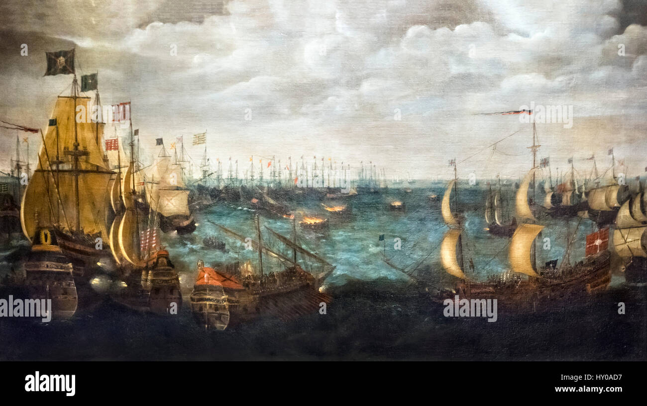 'Launch of Fireships against the Spanish Armada, 7th August 1588', Netherlandish School, oil on canvas, c.1590.  On the night of 7 August 1588, Sir Francis Drake, second in command of the English fleet, sent in eight fire-ships to the port of Calais where the Spanish were anchored. The Spanish fleet scattered and was subsequently decimated by storms, Stock Photo