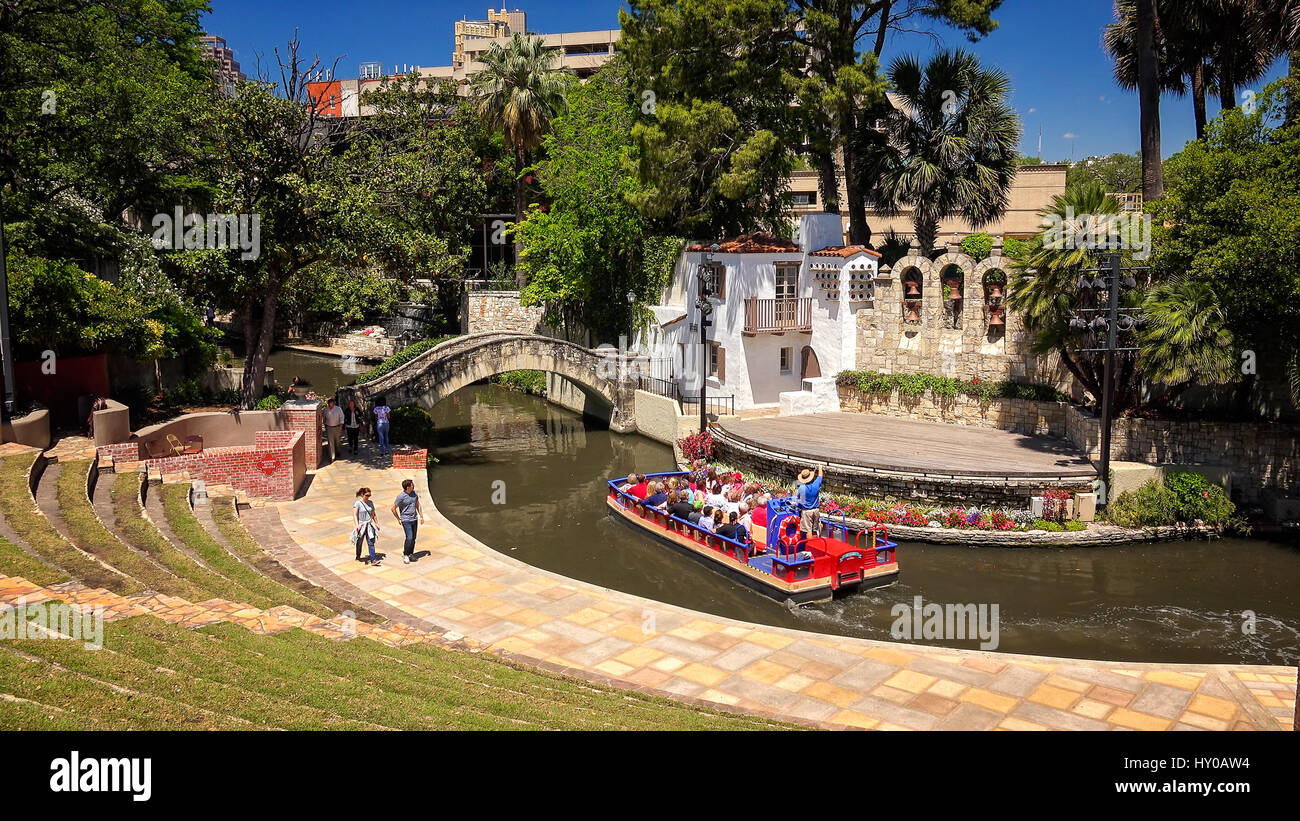 The San Antonio River winds through Arneson River Theatre at the river walk in San Antonio Stock Photo
