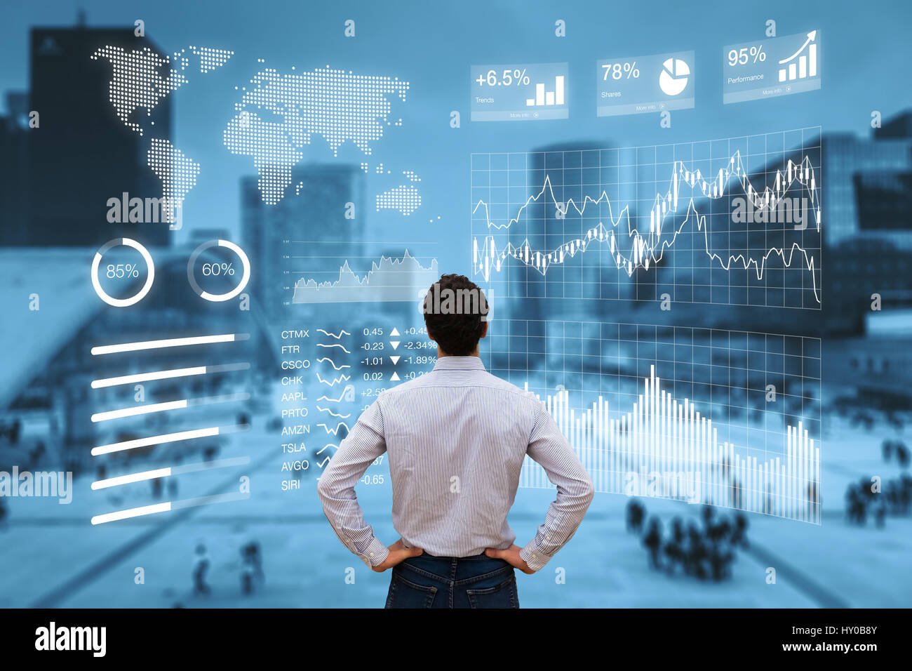 Person analyzing a financial dashboard with key performance indicators (KPI) and business intelligence (BI) charts with a business district cityscape  Stock Photo