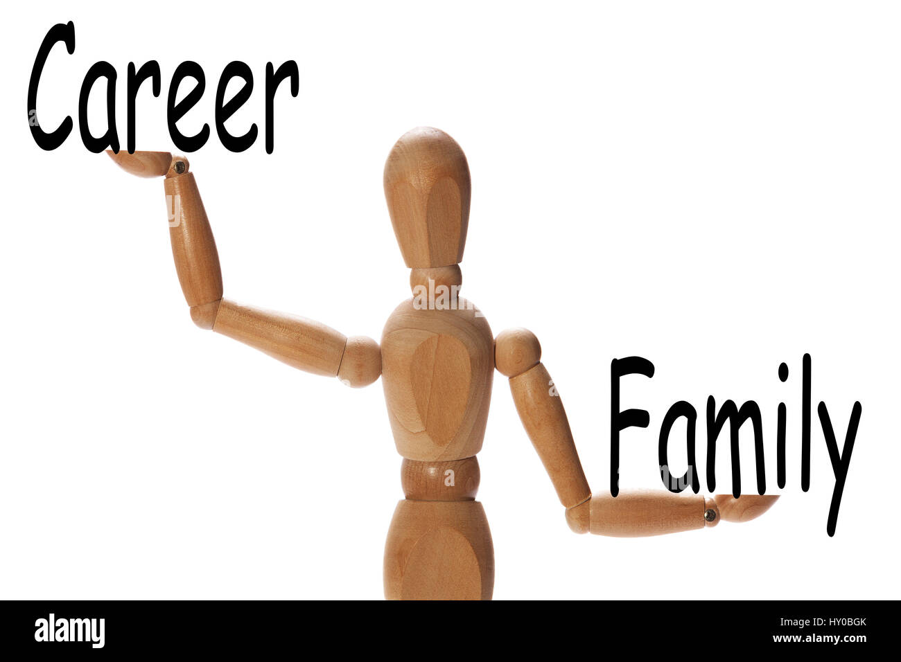 Mannequin measuring the importance of family versus the career on the palms of the hands Stock Photo