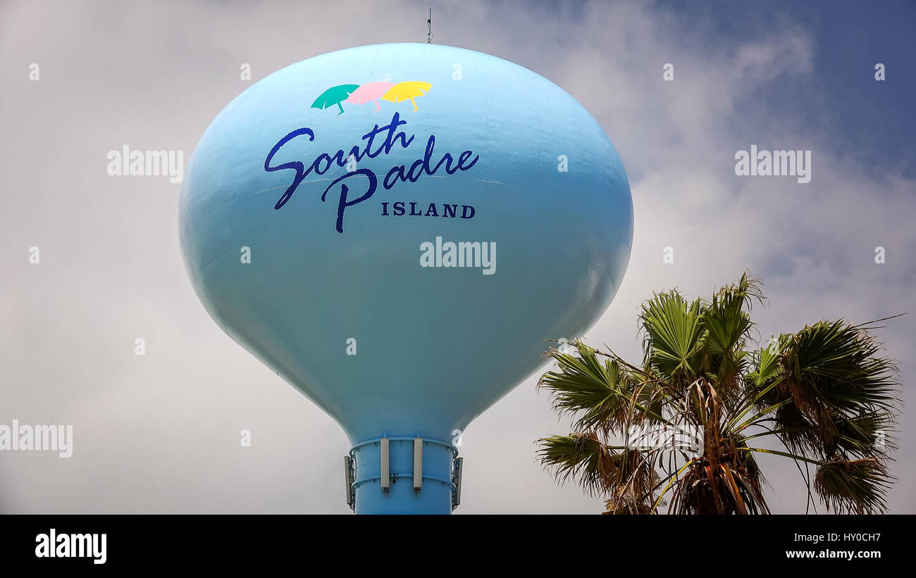 South Padre Island sign painted on water tower in Water Tower Park Stock Photo