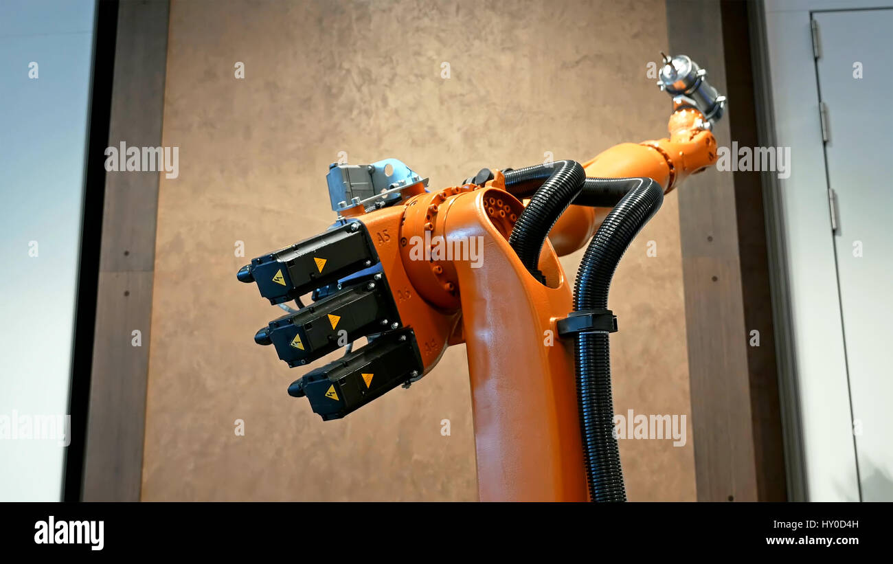 Industrial robot arm for welding and assembling Stock Photo